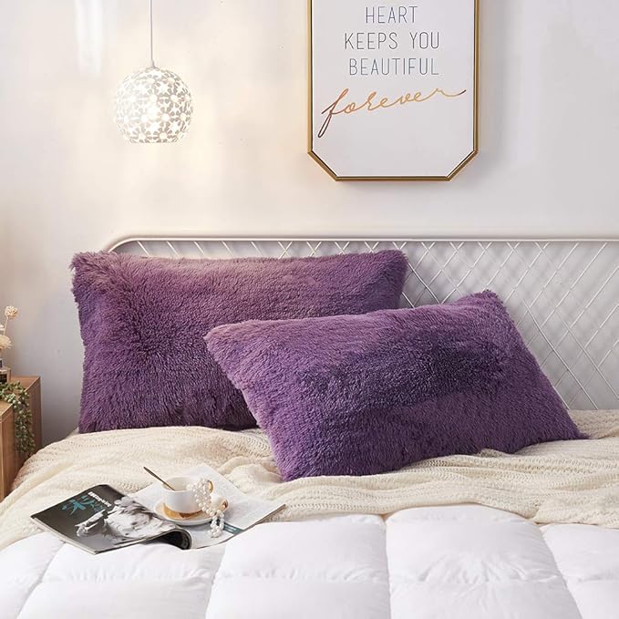 Uhamho Set of 2 Faux Fur Throw Pillow Covers Soft Velvet Decorative Pillowcases Zipper Closure (Purple, 20"x36")