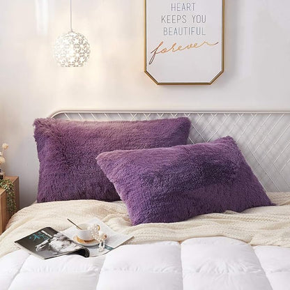 Uhamho Set of 2 Faux Fur Throw Pillow Covers Soft Velvet Decorative Pillowcases Zipper Closure (Purple, 20"x36")