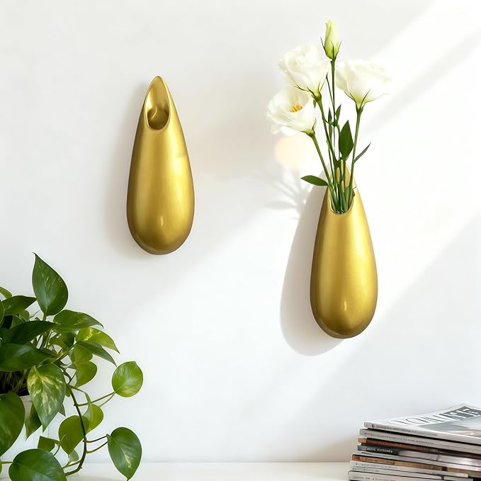 Sculptural Wall Ceramic Vase — 2 Pack Gold Hanging Sconce Vase | Turn Flowers into Art — Decorative Ceramic Wall Sconce for Single Stem Displays