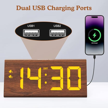 Wooden Digital Alarm Clock with Dual USB Charging Ports, DST, Dimmable, Snooze, Modern Large Time Display LED Clock for Kids Bedrooms, Living Room, Desk, Table, Bedside, Nightstand (Brown)