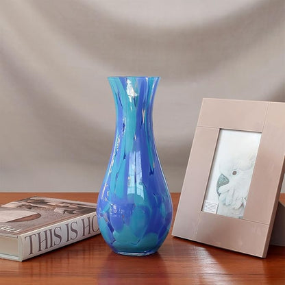 Ca D Oro Glass Vase Blue Confetti Effect Hand Blown Murano-Style Art Glass for Flower, Room Decoration and Centerpiece - Model Nº 83