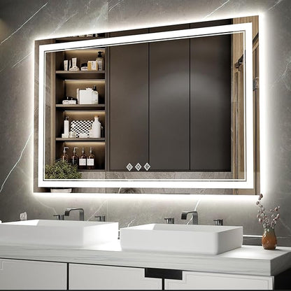 LED Bathroom Mirror, 48x32 Inch Gradient Front and Backlight Lighted Vanity Mirror, 3 Colors Dimmable CRI>90 Double Lights, IP54 Enhanced Anti-Fog, Hanging Plate Wall Mount LED Light Mirror