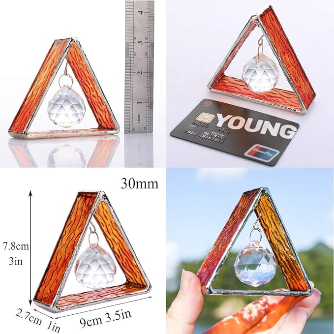 H&D HYALINE & DORA Handcrafted Pyramid in Stained Glass, Stained Glass Window Sun Catcher Hangings Ornament, Crystal Ball Prism Decor for Home Table,Orange