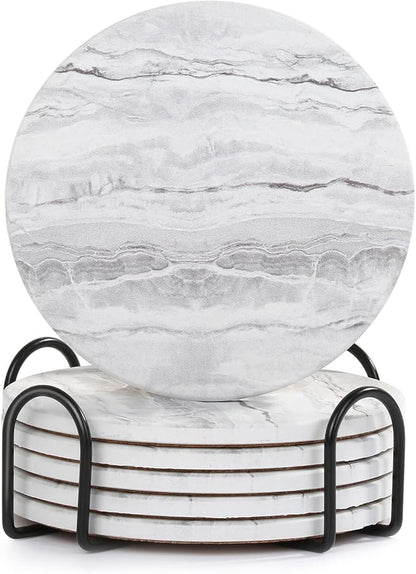 Acejoz Drink Coasters with Holder for Coffee Table, Absorbent Coaster Set of 6, Marble Style Ceramic Coaster for Wooden Table, Suitable for Kinds of Cups, Home Decor, 4 Inches