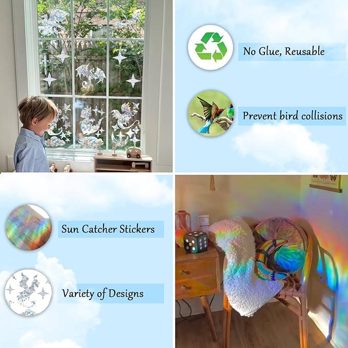 31 Pieces Fly Dragon Sun Catcher Window Clings for Glass Windows, Anti-Collision Stickers Star Moon Decals Prevent Bird Strikes, Rainbow Prismatic Clings Non Adhesive Window Deco