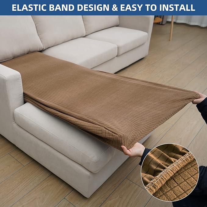 Eismodra Sectional Couch Covers Chaise Cushion Cover for Sofa L Shape Chaise Lounge Magic Stretch 3 Cushion Couch Slipcover for Dogs L Shaped Replacement Protector,Light Brown X-Large(Only 1 Piece)