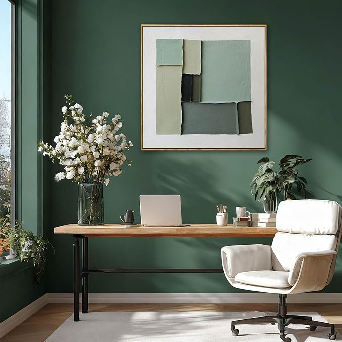 LEVERUP Square Geometric Painting Pictures Green Abstract Wall Artwork Modern Wall Decorations for Living Room Bedroom 24×24 Inch Office Canvas Photos