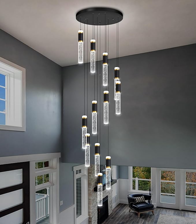 12-Lights Modern Crystal Chandelier for Staircase High Ceiling Chandeliers Large Spiral Bubble Pendant Lighting Hanging Light Fixture Flush Mount for Foyer Entryway