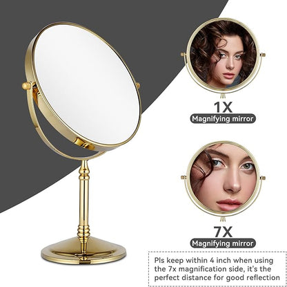 DOWRY 8-Inch Tabletop Two-Sided Swivel Vanity Mirror with 7X Magnification Gifts for Women Wife Mom Teengirls Gold Finish (7X)