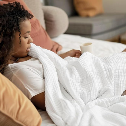 100% Cotton Muslin Blanket 50" x 60", Breathable and Lightweight Cotton Throw Blankets for Couch, Soft Cooling Summer Gauze Blanket for Adults All Season, White