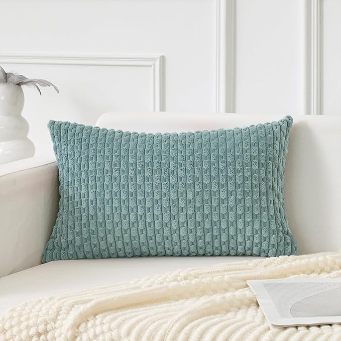 Kevin Textile 14x24 Inch Pillow Cover 1 Pack Boho Decorative Soft Striped Corduroy Lumbar Farmhouse Accent Rectangle Cushion Case for Living Room Couch Sofa Bed, Dusty Green