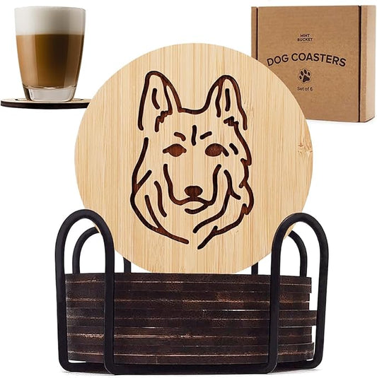 Set of 6 Bamboo Laser-Engraved Fun Dog Coasters with Iron Holder - Gift Packaging 3.9 Inch Non-Stick Absorbent Durable and Unbreakable Wooden Cup Coasters for Dog Lovers (German Shepherd)