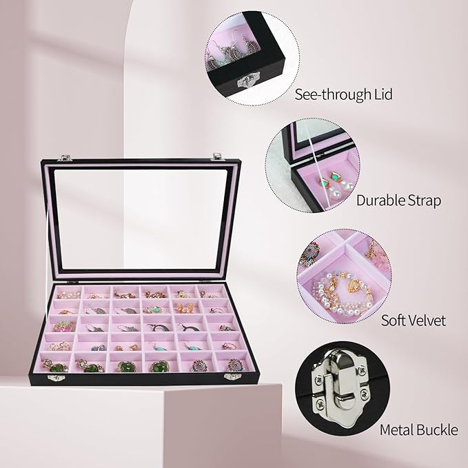 Stratalife Jewelry Organizer Earring Holder Jewelry Tray with Lid Earring Storage Drawer Organizer Earring Ring Storage for Women 30 Grid (Pink Black)