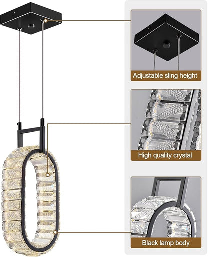 Kitchen Island Mini Light Fixture Modern Led Crystal Pendant Light Black Oval Chandelier for Dining Room Living Room Kitchen Bedroom Bar（1-Pack）