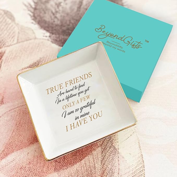 LADY&HOME Friend Gifts for Women Ceramic Ring Dish Birthday Christmas Gifts for Friends Female Decorative Jewelry Tray (True Friend)