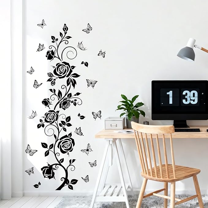 Flower Vine Decals Flying Butterfly Black Floral Wall Stickers Removable Wall Art Decor for Living Room Bedroom