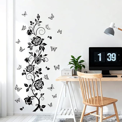 Flower Vine Decals Flying Butterfly Black Floral Wall Stickers Removable Wall Art Decor for Living Room Bedroom