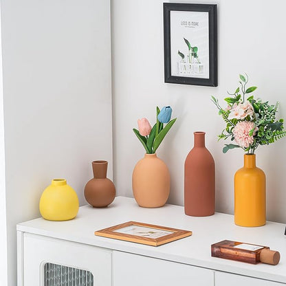 Modern Ceramic Flower Vase Set of 5, Small Flowers Farmhouse Decorative Vases for Bookshelf, Dining Room Coffee Console Table Centerpieces
