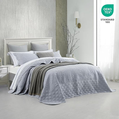 CHIXIN Oversized Bedspread Coverlet Set King Size - Lightweight Bedding Cover - Ultrasonic Quilting - 5 Piece Reversible Bedspread - Elegant Damask Paisley Pattern (King, Light Grey)