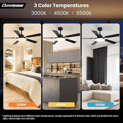 52 Inch Ceiling Fans with Lights and Remote for Bedroom Living Room Kitchen Office, Indoor/Outdoor Use, 5CCT Dimmable, 5 Blades, 6 Speed Reversible Quiet DC Motor, Black/Wood Grain
