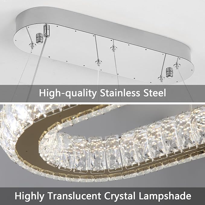 LED Oval Ring Chandelier Crystal Pendant Lighting for Dining Table Kitchen Island Remote Dimmable Hanging Light Chandeliers for Entryway Living Room Lights Silver