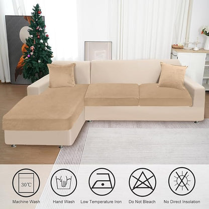 Sectional Couch Covers for 3-Piece Seat Cushion Velvet Separate L Shape Couch Cover Stretch Sofa Slipcover with 2 Pieces Pillowcases Furniture Protector (Sofa 2 Seater + 1 Chaise, Camel)