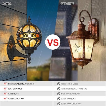 Outdoor Wall Lights, Black Globe Porch Light, Spherical Aluminum Exterior Lighting Fixtures for Patio Yard Doorway Garage, Anti-Rust Waterproof Globe Outside House Lantern Wall Mount with Amber Glass