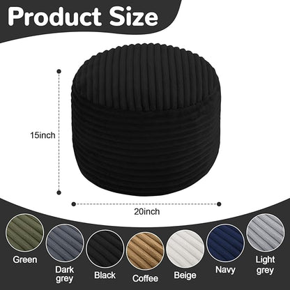 MeMoreCool Stuffed Round Pouf Ottoman Foot Rest, Soft Plush Floor Pouf Foot Stool, Corduray Footstool Footrest, Small Round Ottoman for Living Room Couch Sofa Chair, 20x15 Inch Black