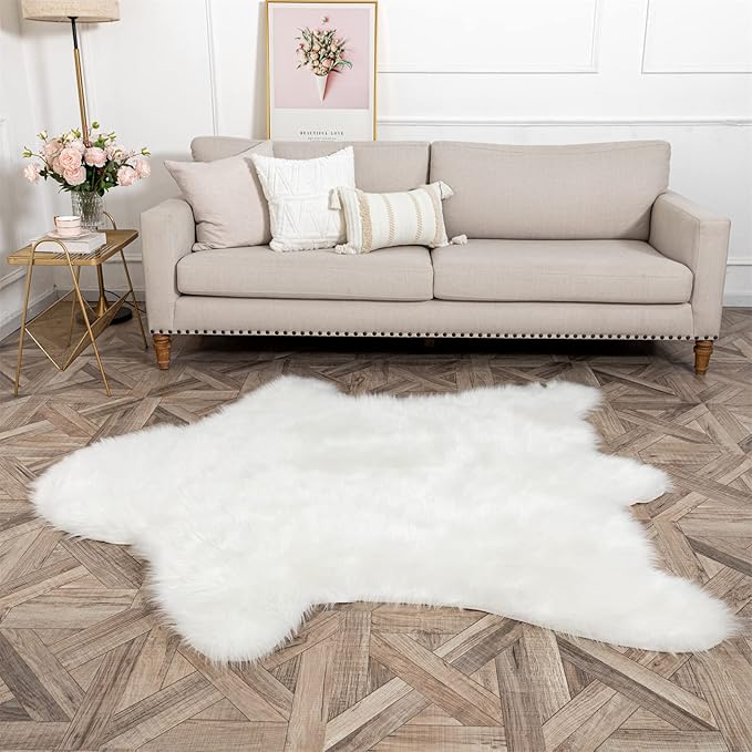 Faux White Bear Rug Faux Cowhide Carpet Animal Print Area Rug Faux Sheepskin Fur Rug Decor for Living Room 5.1x6.1 Feet White