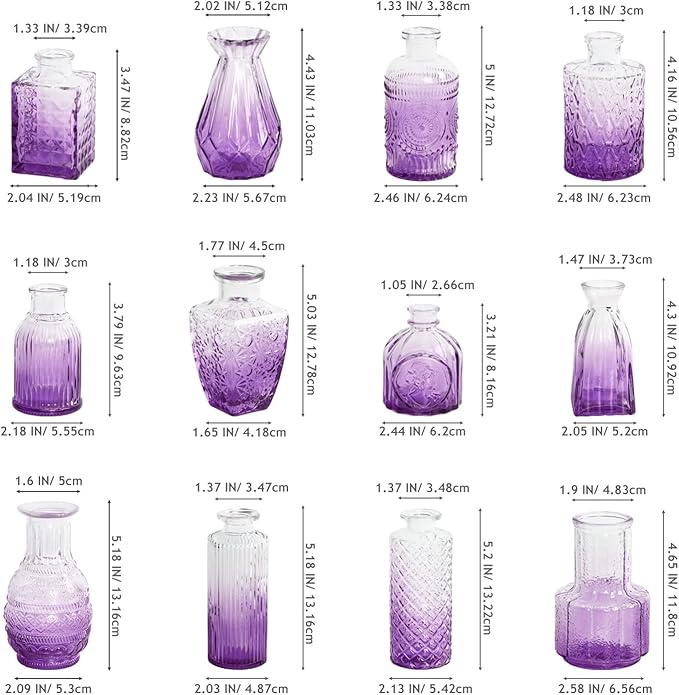Amethyst Purple Ombré Glass Bud Vases Set of 12, Vintage Small Flower Vases for Centerpiece, Boho Wedding, Party, Baby Shower, Embossed Assorted Tiny Vase Bulk for Table, Mantel, Home Decor