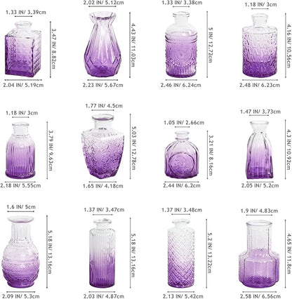 Amethyst Purple Ombré Glass Bud Vases Set of 12, Vintage Small Flower Vases for Centerpiece, Boho Wedding, Party, Baby Shower, Embossed Assorted Tiny Vase Bulk for Table, Mantel, Home Decor