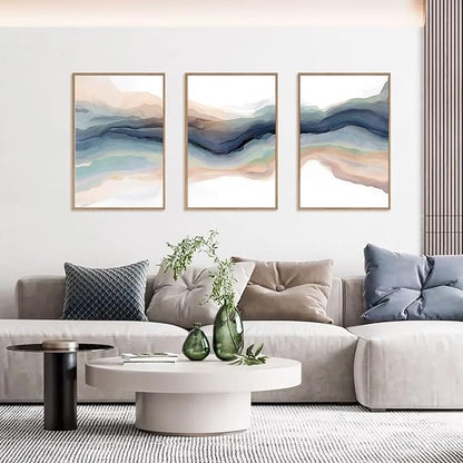 HLNIUC Blue Abstract Wall Art, Watercolor Line 24"x36" Framed Art Set of 3, Modern Wave Canvas Wall Decor, Natural Landscape Paint Stroke Prints for Living Room, Bedroom, Office