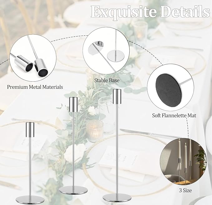 Set of 12 Silver Taper Candle Holders, Tall Candle Holder, Metal Silver Candlestick Holders, Fits 3/4 inch Thick Candle&Led Candles, for Table Centerpiece, Wedding, Dinning, Party Home Decor