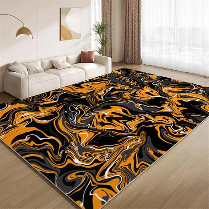 Abstract Orange Black Rug 5.3x6.7 Area Rugs Fluid Swirl Stripes Rugs Non Slip Non Shedding Print Washable Floor Carpet for Living Room Bedroom Kids Room Office Study Foyer Hallway