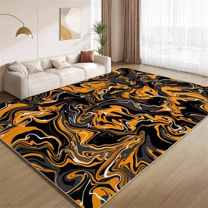 Abstract Orange Black Rug 5x7 Area Rugs Fluid Swirl Stripes Rugs Non Slip Non Shedding Print Washable Floor Carpet for Living Room Bedroom Kids Room Office Study Foyer Hallway