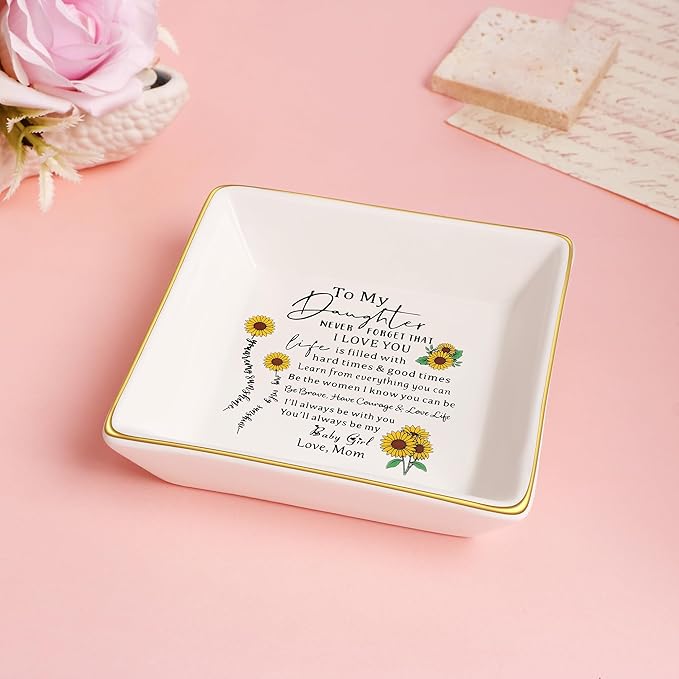 JoycuFF Daughter Gifts from Mom, Birthday Sunflower Jewelry Trinket Dish Tray Unique Gifts for Christmas, Thanksgiving Day