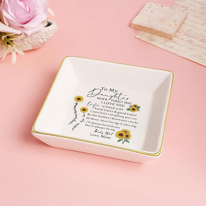 JoycuFF Daughter Gifts from Mom, Birthday Sunflower Jewelry Trinket Dish Tray Unique Gifts for Christmas, Thanksgiving Day