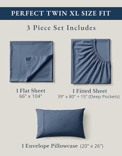 LANE LINEN 100% Organic Cotton Eco Friendly Fully Elasticized Twin XL Sheet Set, Low Pilling Fade Resistant Machine Washable Extra Long Twin Bedding Set, Soft & Comfy Cotton Sheets-Estate Blue