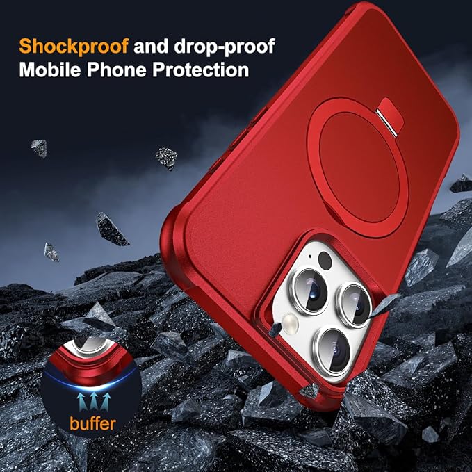 Compatible with iPhone 16 Pro Max Case with Invisible Magnetic O-Ring Stand Military-Grade Case for iPhone 16 ProMax 6.9" [Compatible with Mag-Safe][Great Grip Feeling], Red