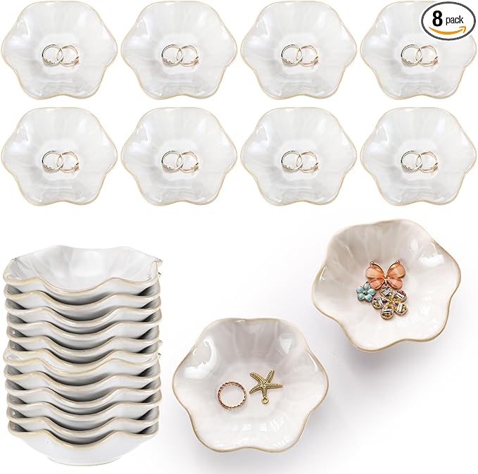 8 Pcs Ceramic Trinket Dish Lotus Leaf Jewelry Tray Small Ring Dish for Earrings, Rings, Jewelry Holder, Key Bowl(White)