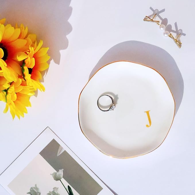 Ceramic Jewelry Tray Initial Ring Dish Personalized J-Monogrammed Engagement Wedding Gifts, for Birthday Mother's Day Christmas for Women, Ceramic White 4.75" (J)