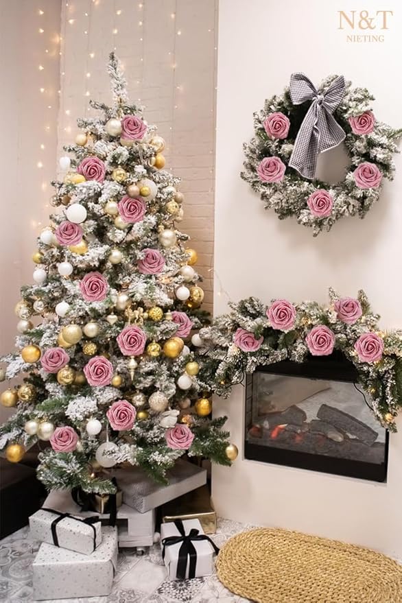 N&T NIETING Artificial Flowers Glowing Dark Pink Flowers Foam 25pcs Glitter Roses Real Looking Fake Roses with Stem for Valentine's Day DIY Wedding Bouquets Centerpieces Party Home Decorations