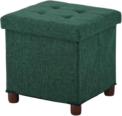 15 Inches Storage Ottoman with Wooden Legs, Cube Foot Rest Stool/Square Footstool Storage for Living Room, Foldable Fabric Ottoman, Comfortable Seat with Lid, Space-Saving Green