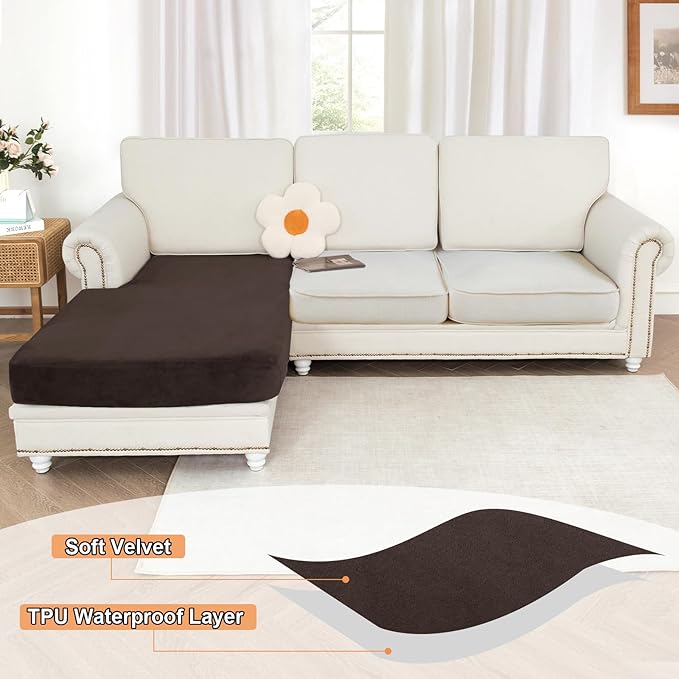 NAISI Waterproof Couch Cushion Covers Thick Velvet Fabric Washable Sofa Slipcovers 1 Piece Individual Sectional Couch Covers with Elastic Bottom(1 PC for Chaise Lounge,Coffee)