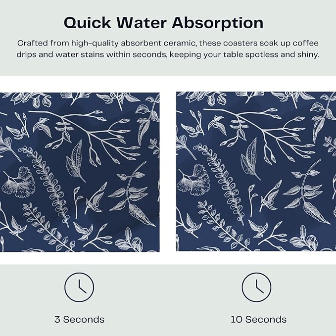 Set of 6 Floral Navy Blue Coasters with Holder, Absorbent Ceramic Drink Coasters with Cork Backing for Table Protection, Coffee Table Décor