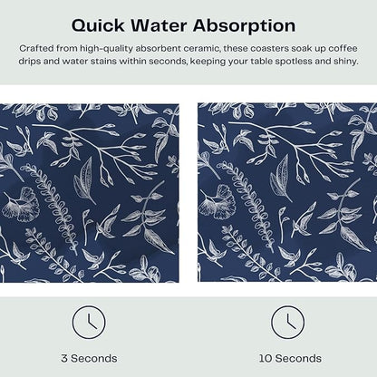 Set of 6 Floral Navy Blue Coasters with Holder, Absorbent Ceramic Drink Coasters with Cork Backing for Table Protection, Coffee Table Décor