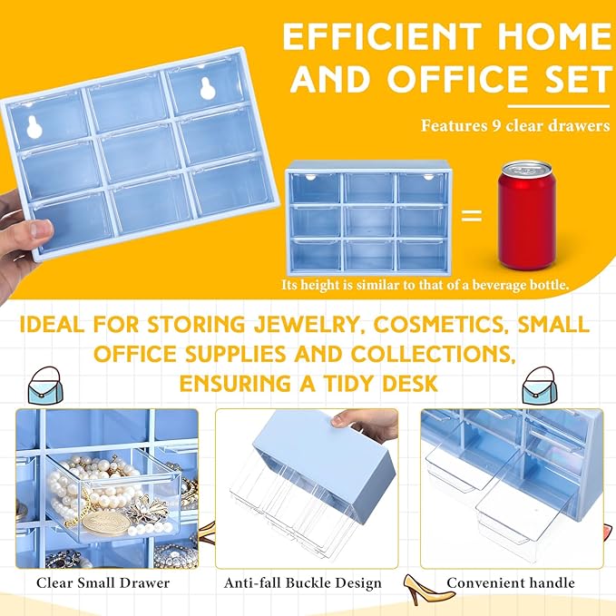Wenqik 2 Pcs Mini Storage Drawers Teacher Toolbox Organizer with 9 Clear Drawers Small Plastic Desktop Teacher Desk Craft Organizer for Classroom Office 7" x 3. 9" x 4. 7"(Blue)