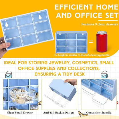 Wenqik 2 Pcs Mini Storage Drawers Teacher Toolbox Organizer with 9 Clear Drawers Small Plastic Desktop Teacher Desk Craft Organizer for Classroom Office 7" x 3. 9" x 4. 7"(Blue)