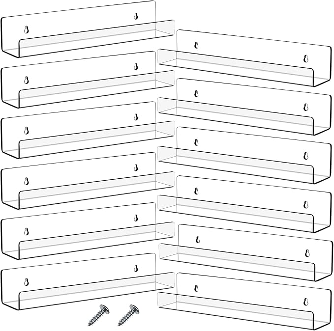 Blulu 12 Packs 14 Inch Acrylic Floating Shelf Wall Mounted Invisible Acrylic Shelf Ledge Floating Bookshelf for Living Room Office Bedroom Bathroom Kitchen Decoration Space Save (Clear)