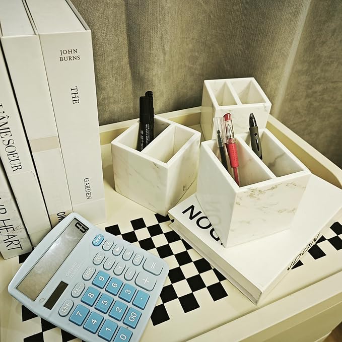 Marble Pen Holder, White Stone, Rectangular Desktop Organizer for Office Study (white 2 layer)